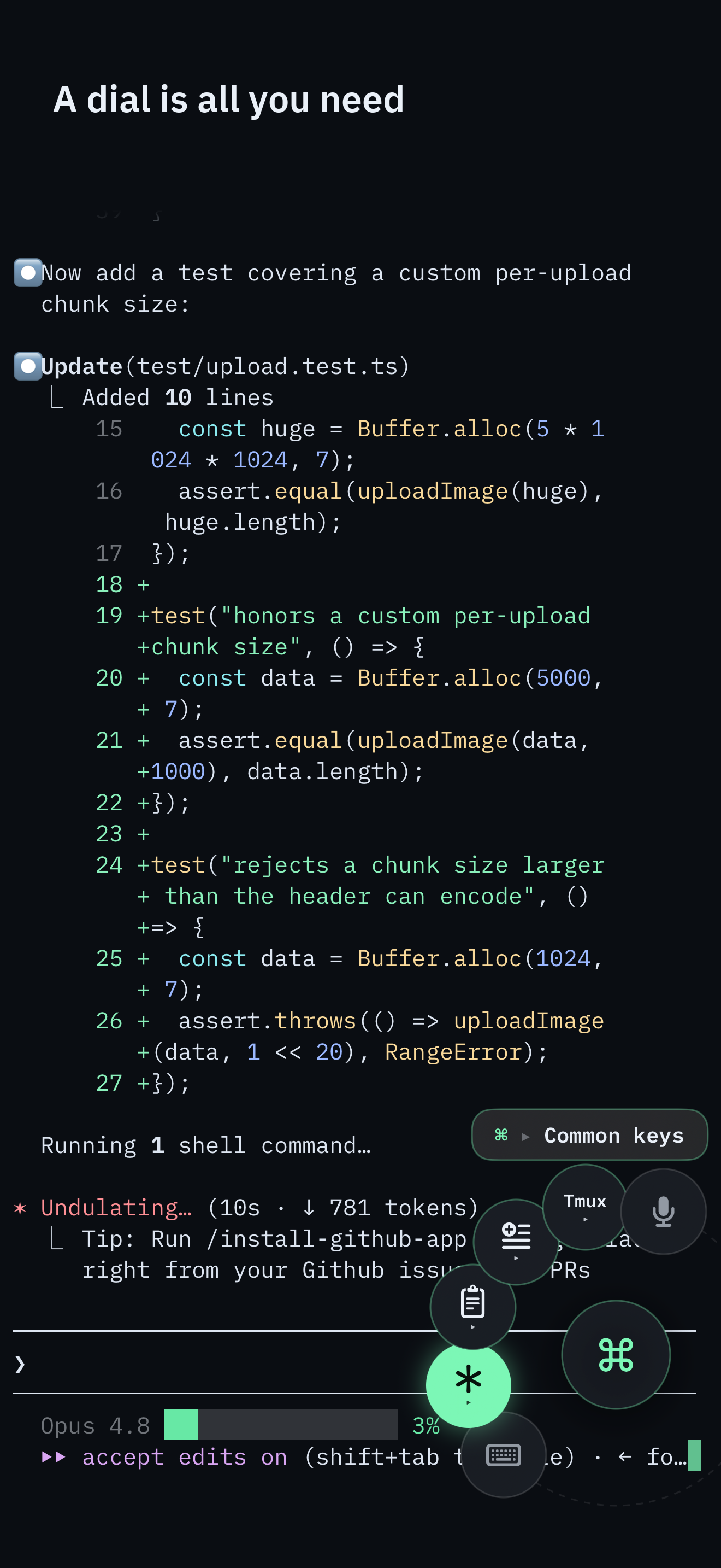 SSHHIP on iPhone with the Command Dial open over a live Claude Code session, showing the radial control surface in the corner
