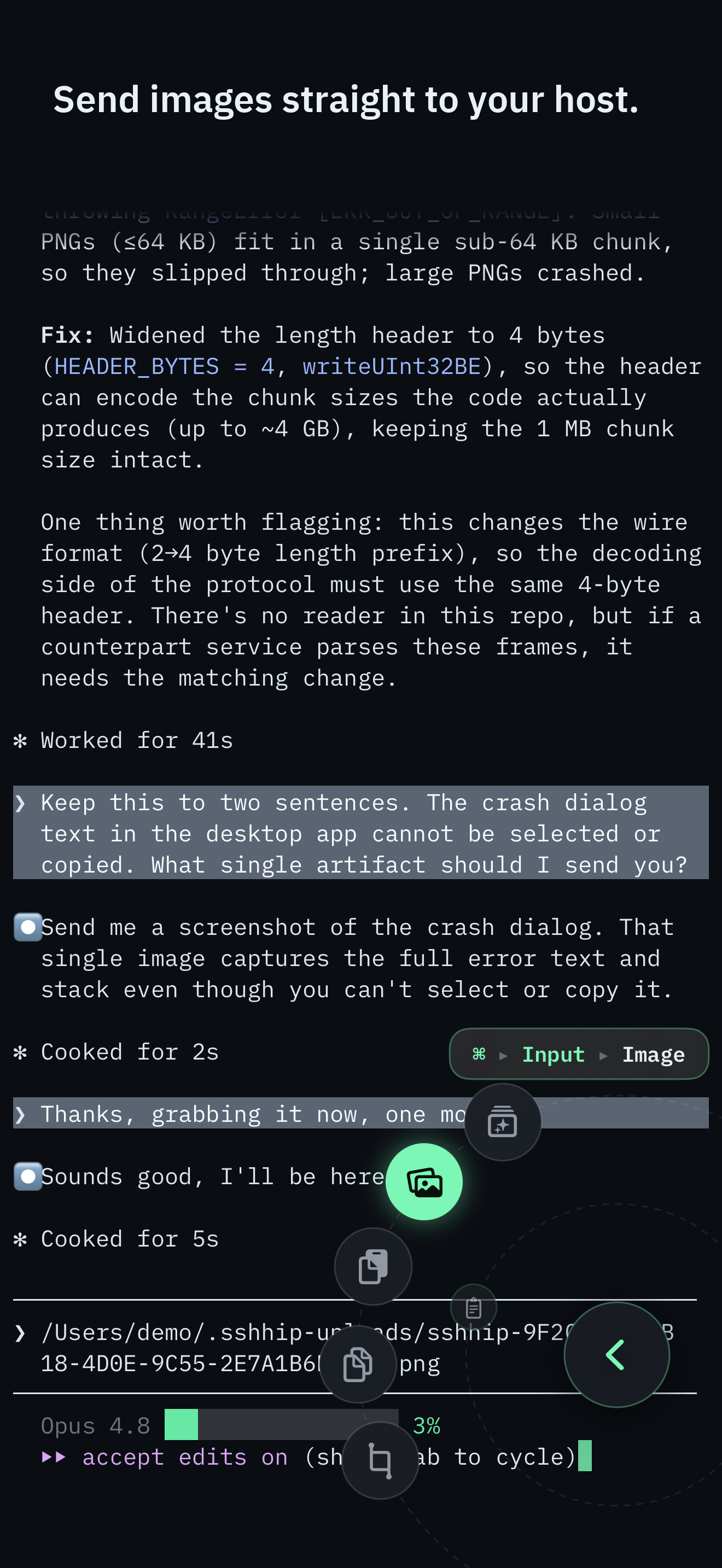 SSHHIP inserting an uploaded screenshot’s remote path into Claude Code’s prompt without sending it