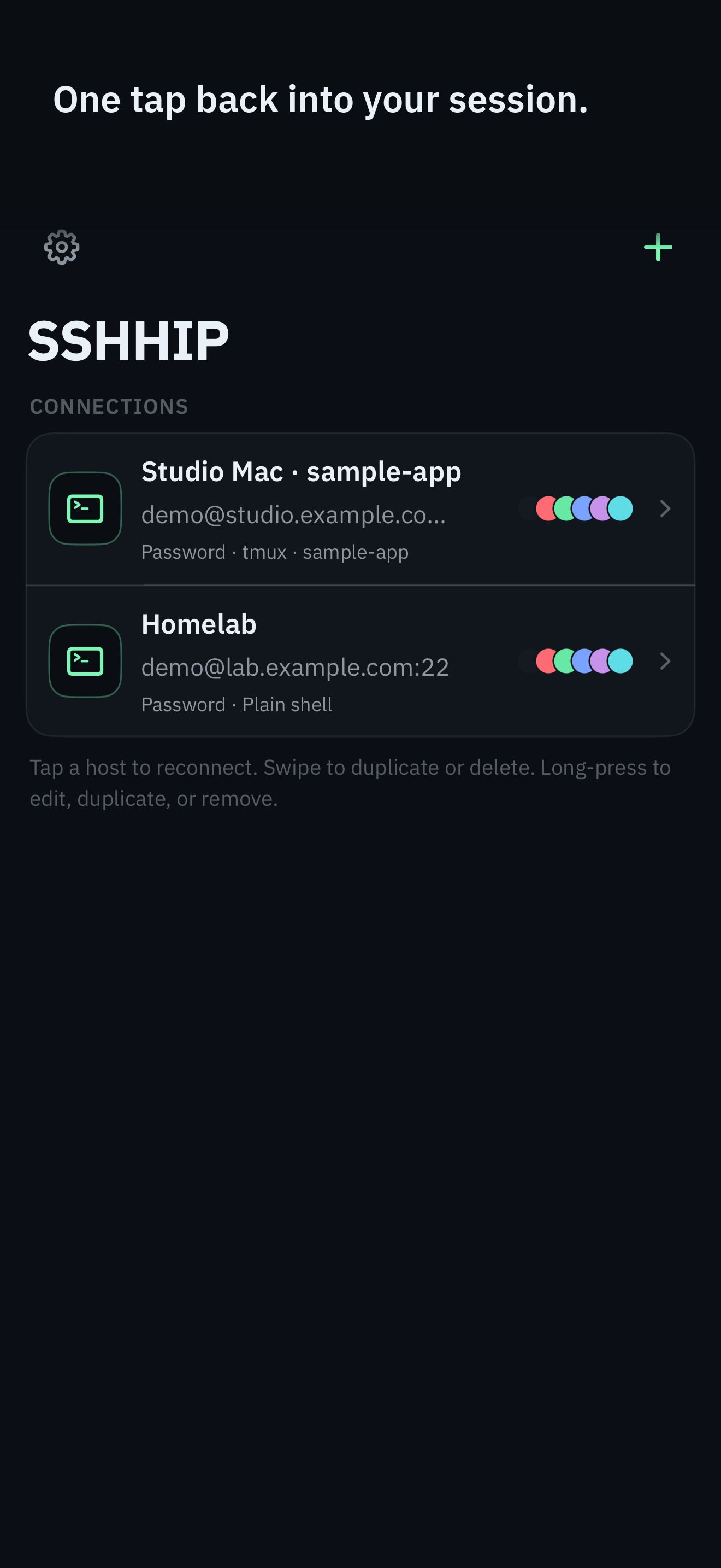 SSHHIP saved hosts list with a Mac set to attach a tmux session on connect